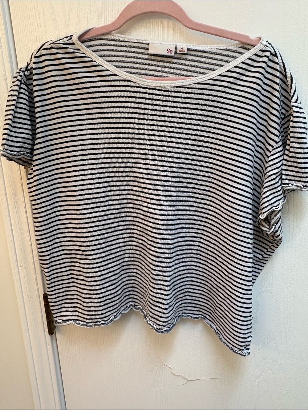 SO Black and White Striped Short Sleeve Scoop Neck Top